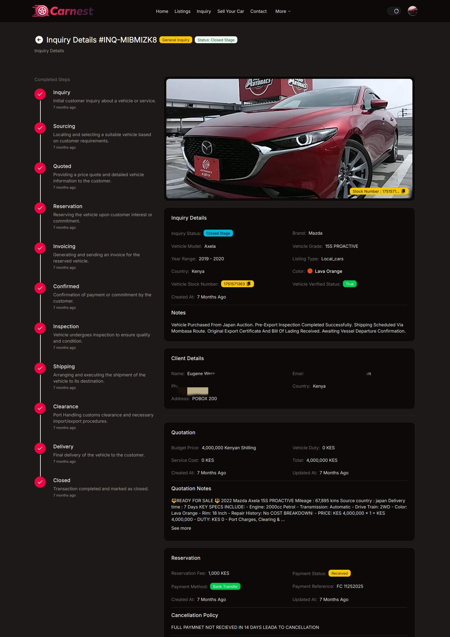 Client dashboard showing import inquiry and sourcing progress