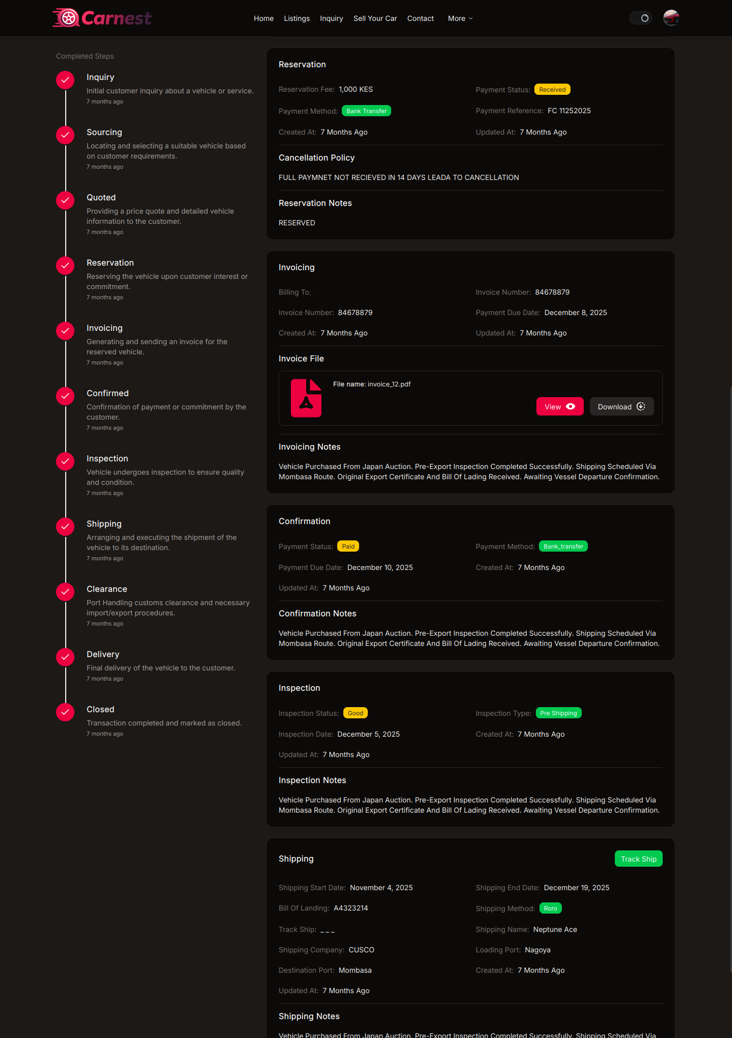 Client dashboard showing vehicle import processing steps