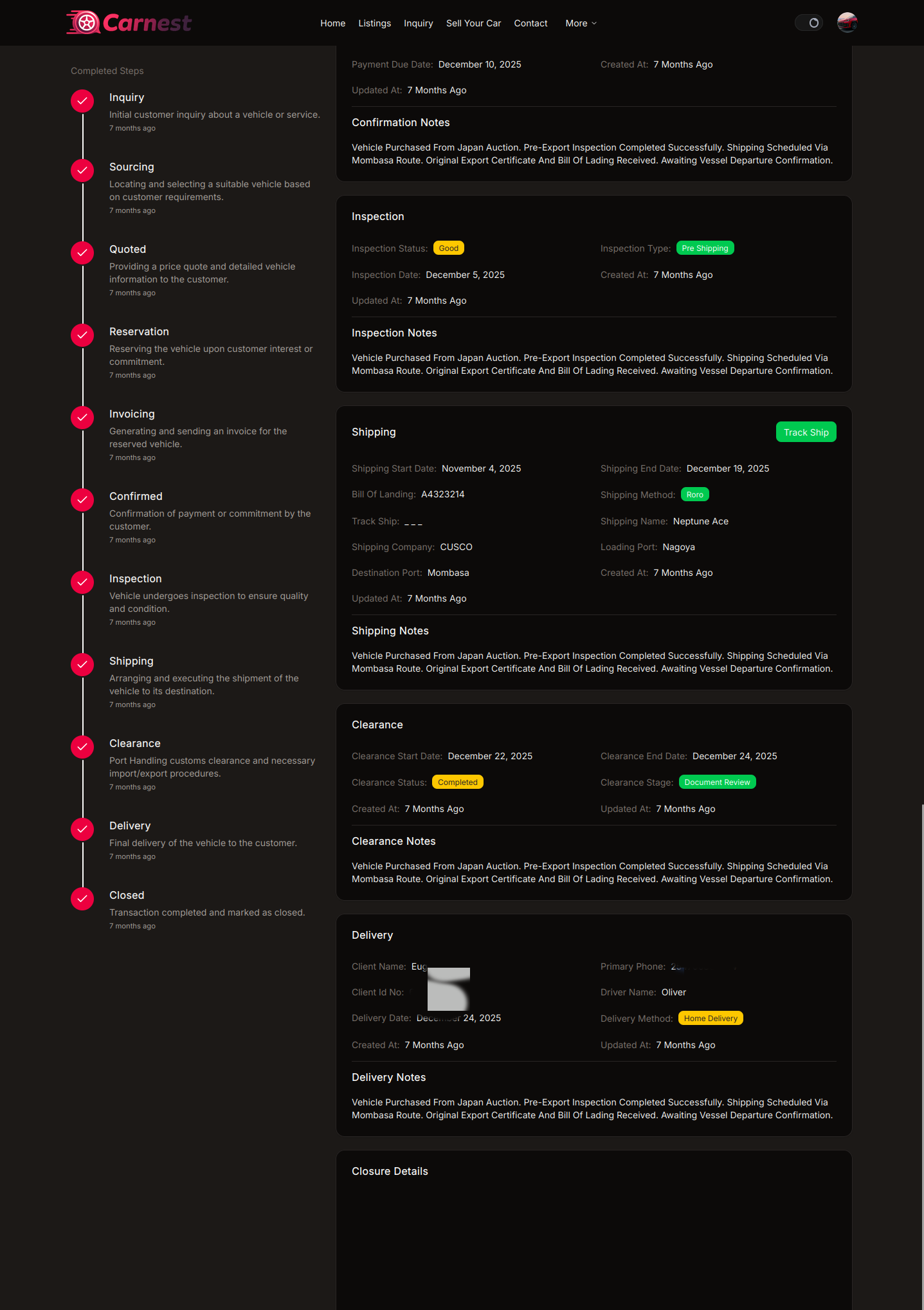 Client dashboard showing shipping and clearance progress