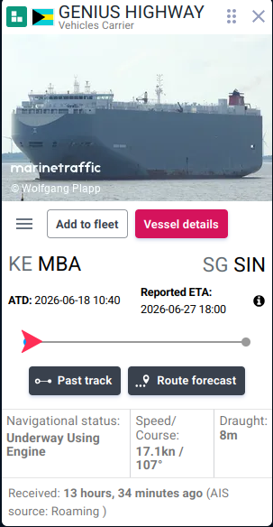 Ship tracking details showing vessel progress