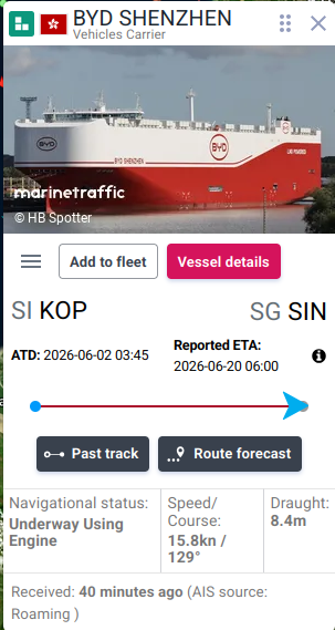 Vehicle import ship tracking screen