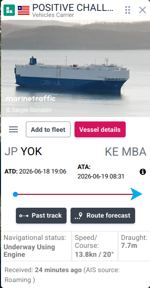 Shipment route and vessel details for imported vehicle